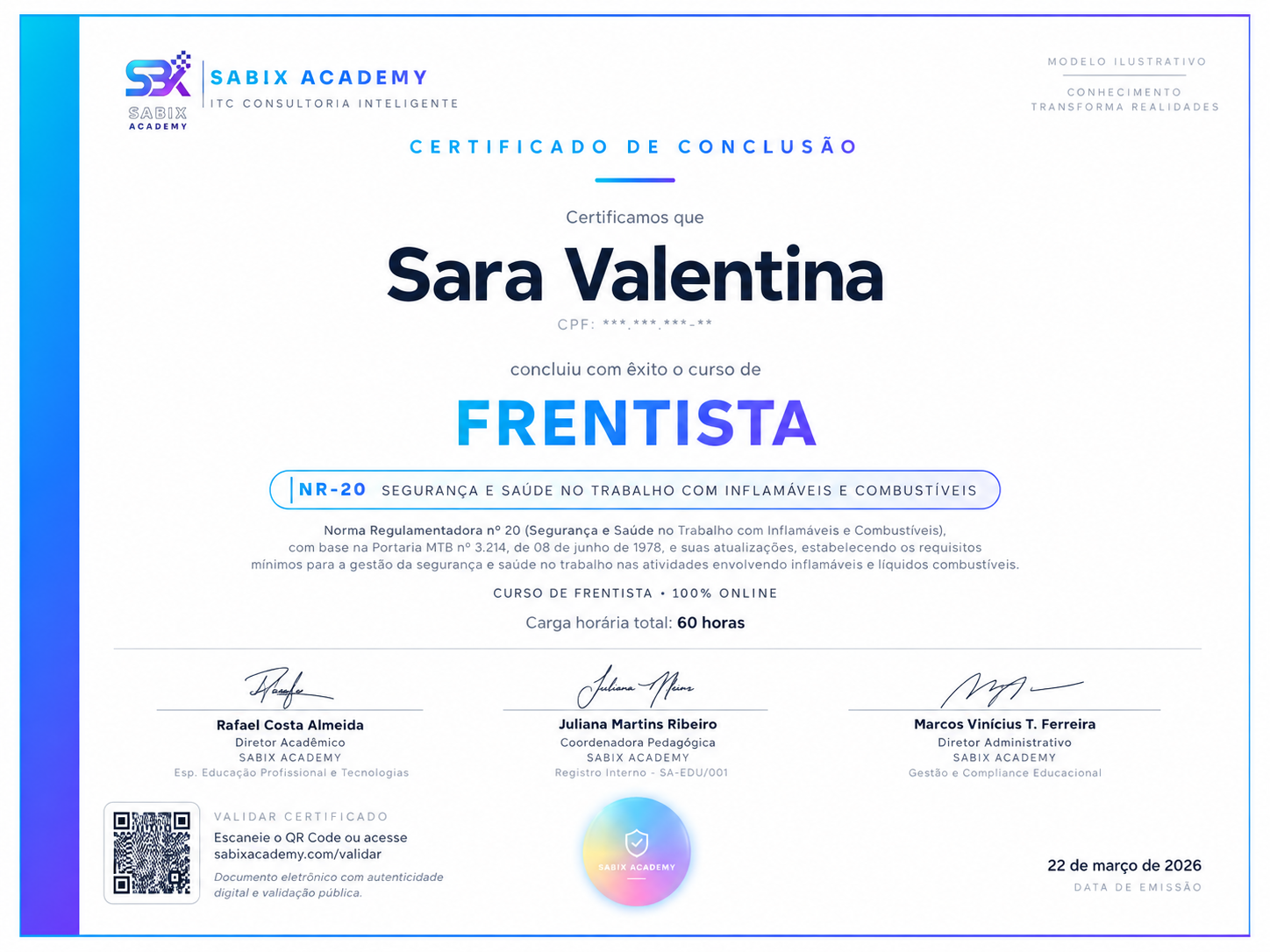 Modelo ilustrativo da frente do certificado Frentista